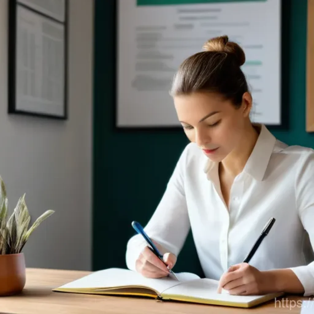 다이어트 지도사 필수 이론 학습법 - "A focused female nutritionist, approximately 35 years old, with sleek, pulled-back hair, is seated ...