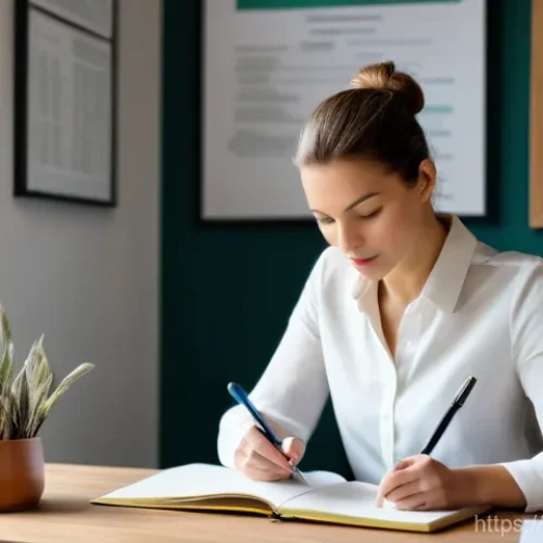 다이어트 지도사 필수 이론 학습법 - "A focused female nutritionist, approximately 35 years old, with sleek, pulled-back hair, is seated ...