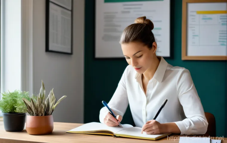 다이어트 지도사 필수 이론 학습법 - "A focused female nutritionist, approximately 35 years old, with sleek, pulled-back hair, is seated ...