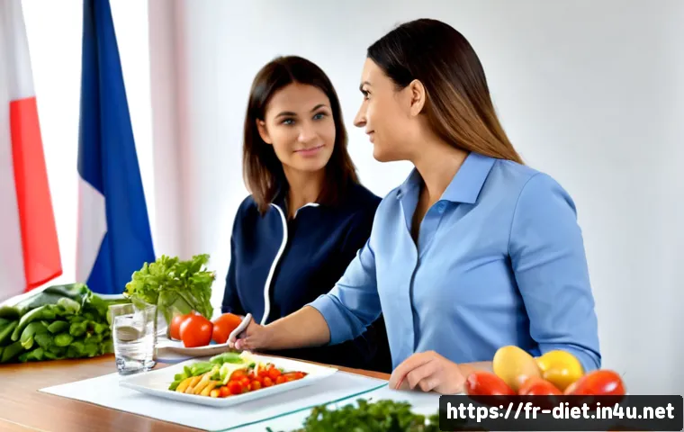 다이어트 지도사 자격증과 관련된 국가 정책 - Photorealistic French nutrition certification classroom, an adult trainee in smart casual clothing d...